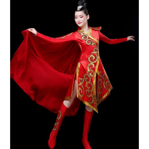 Red with gold Women's chinese dragon dummer performance dresses square dance dress yangko umbrella dance dresses